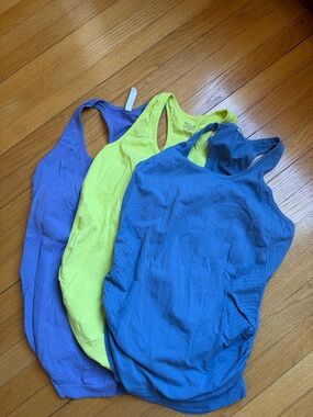 Athleta Racerback Tank Trio - Neon Yellow, Periwinkle Blue